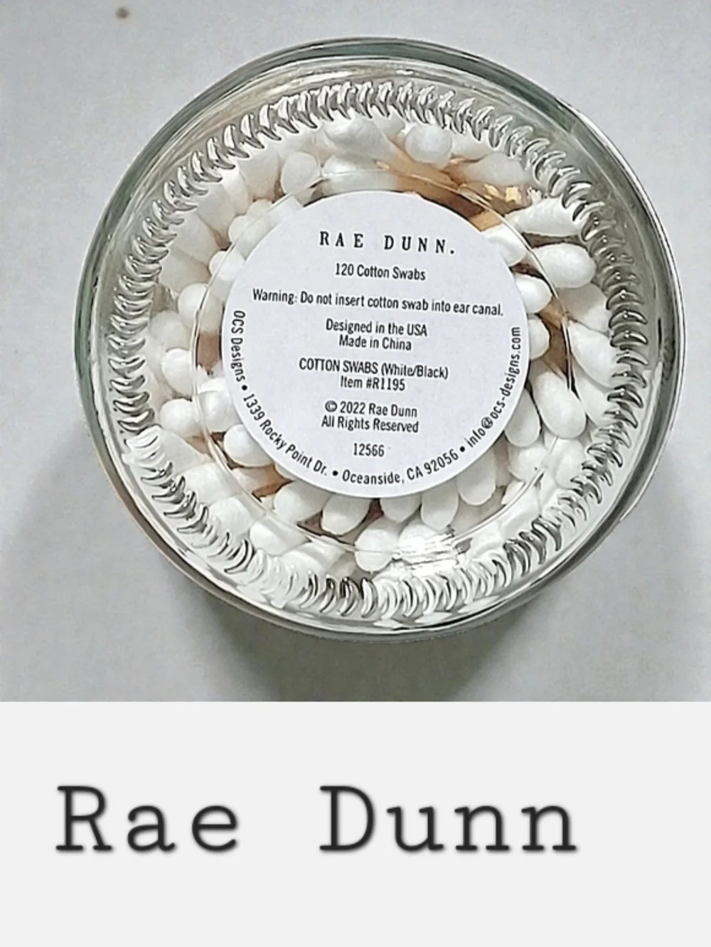 Rae Dunn 'COTTON SWABS' Clear Glass Black Label Jar 120 Count With Gift Tag